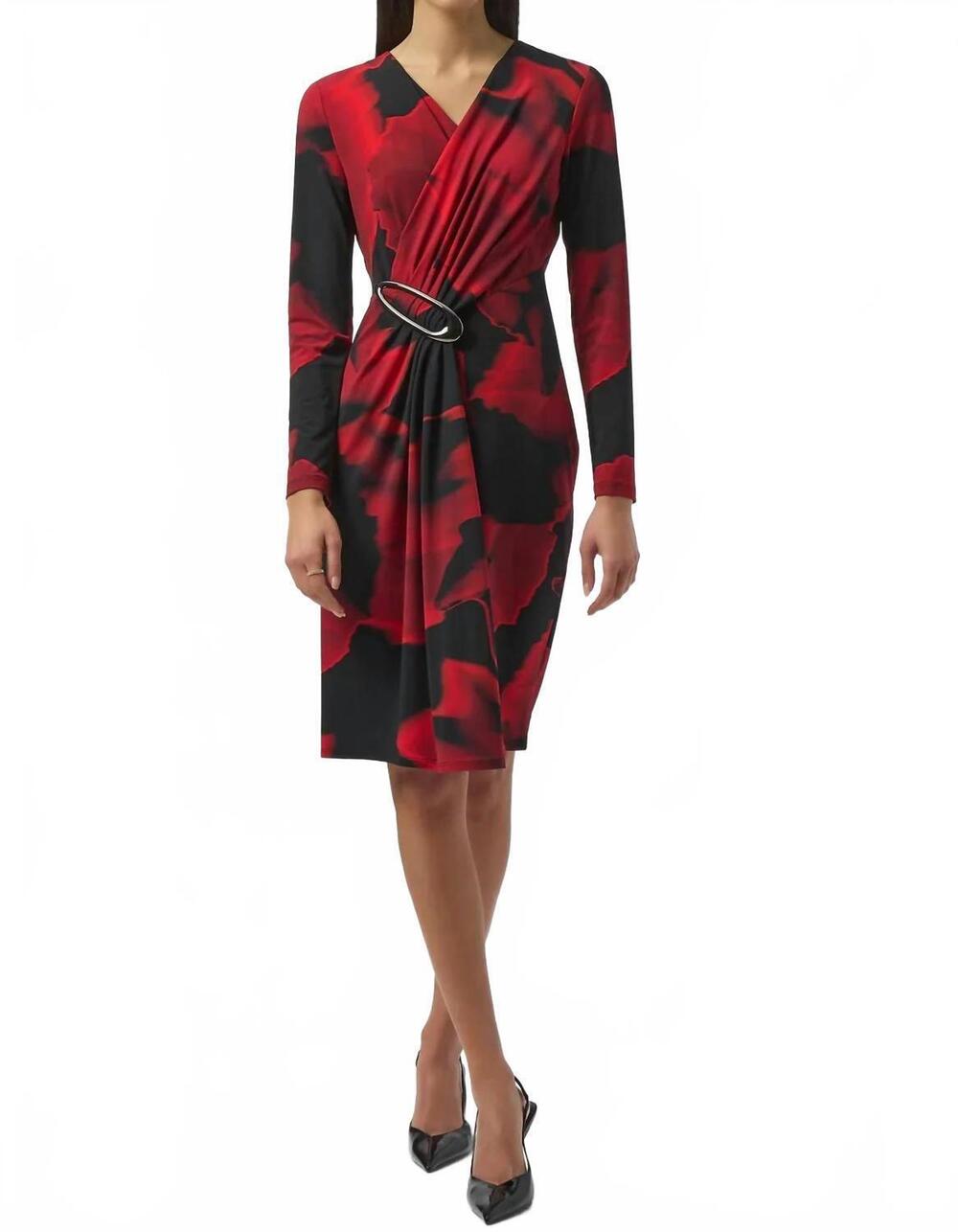 NEW JOSEPH RIBKOFF abstract print faux wrap long sleeves dress in black/red